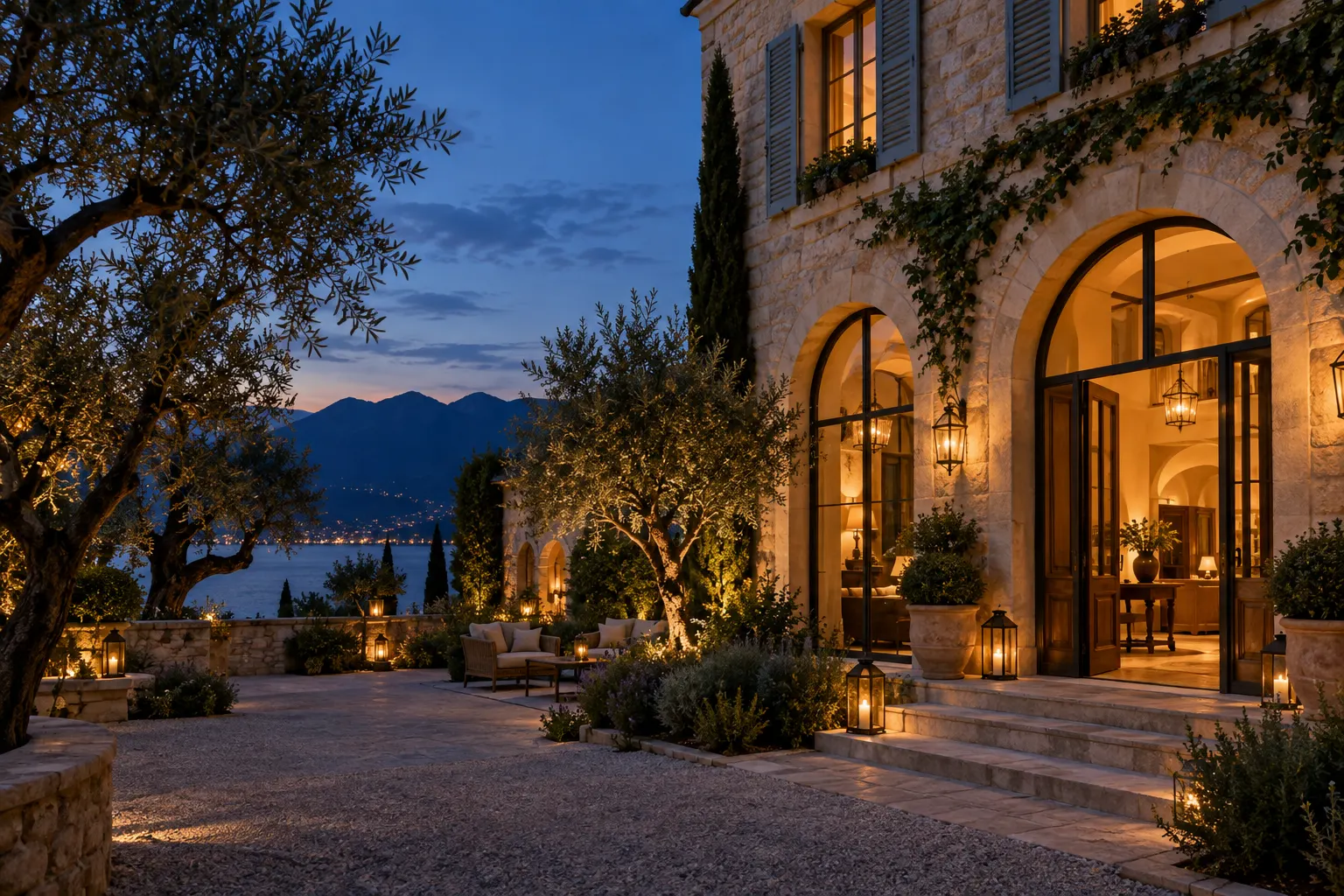 A warmly lit independent boutique hotel courtyard at twilight