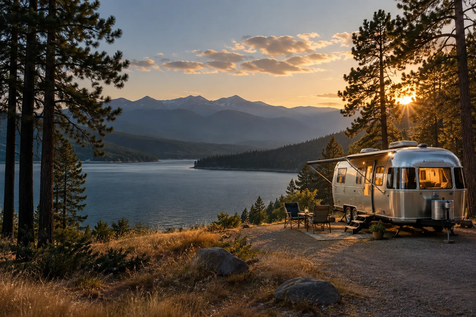 An RV campsite beside a mountain lake at sunset