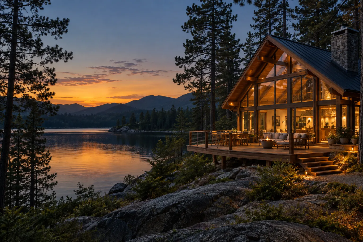 A welcoming timber vacation rental beside a quiet lake
